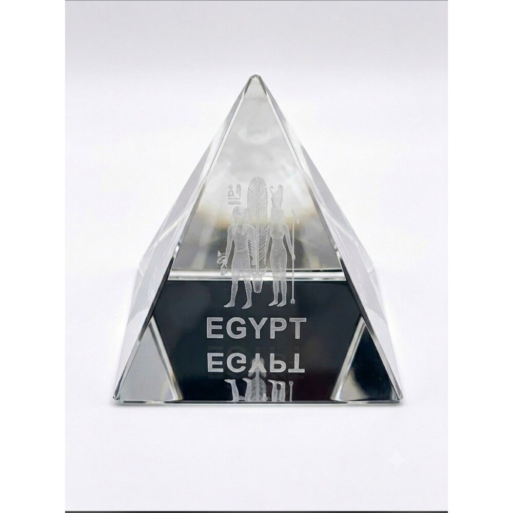 Vintage Egyptian Pyramid Glass Paperweight with Hieroglyphs